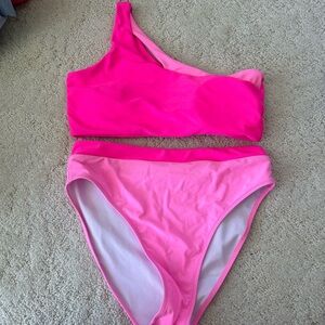 Amazon Hot Pink and Light Pink One-Shoulder Bikini Set